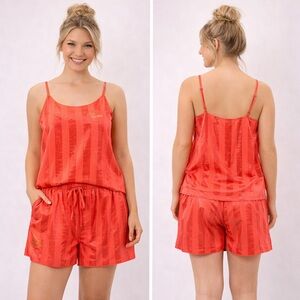 Midnight Bakery NWT Embroidered Cami Short Pajama Set Coral Red Striped Large